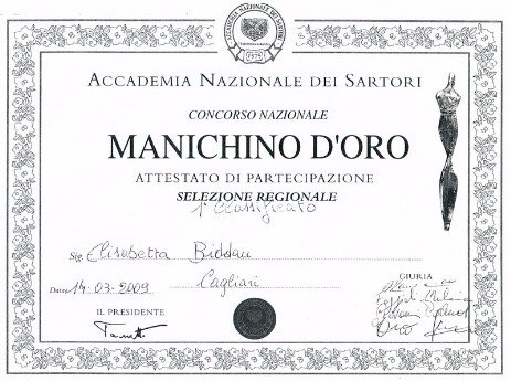 Attestato di primo classificato manichino d'oro regione sardegna